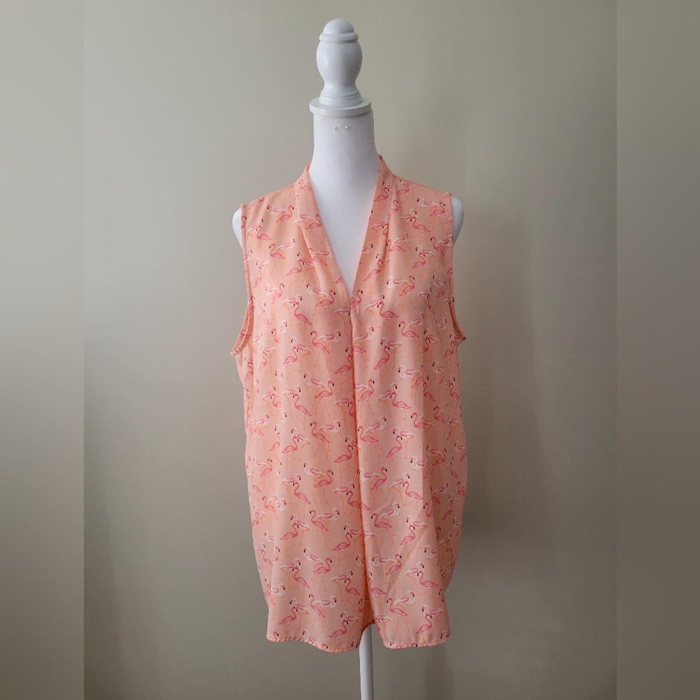 Versona Peach and Pink Flamingo Sleeveless Blouse - Size L